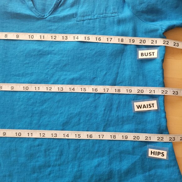 FLAX 100% Linen 2 Pc Tunic~Shorts Size MEDIUM Sapphire Blue Tab Adj Long Sleeves - Picture 7 of 15